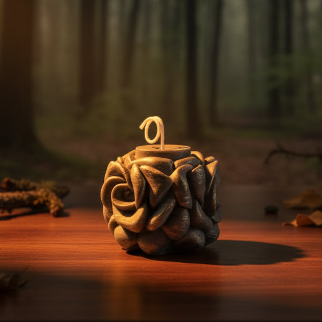 Decorative candle shaped like a pine cone on a wooden surface with a forest background